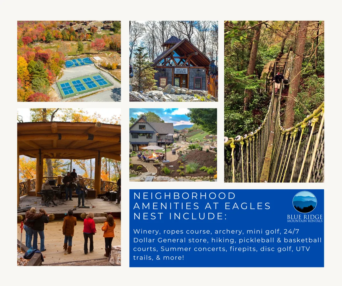 This vibrant exterior image captures the heart of the Eagles Nest resort community, featuring an outdoor ropes course, archery area, concert stage, communal gathering spaces, and scenic hiking trails. People are visible enjoying live music events, outdoor sports, and wine tasting, evoking a sense of energy and community.